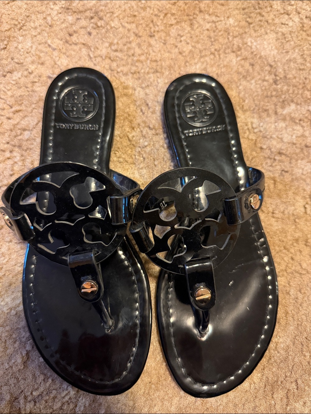 Tory Burch Black Patent Logo Thong Sandals